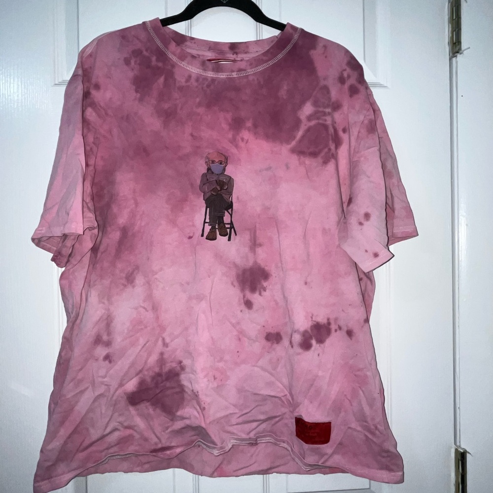 SOLD CHNGE Pink Tie-Dye T-Shirt with Bernie Sanders wearing Mittens